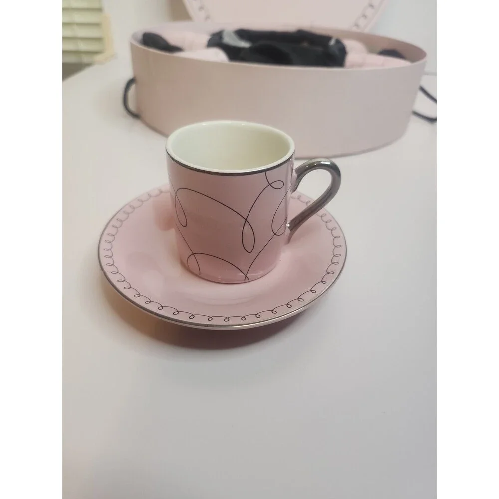 Classic Coffee & Tea Brand Set of 6 Small Cups And Saucers Pink With Silver NIB